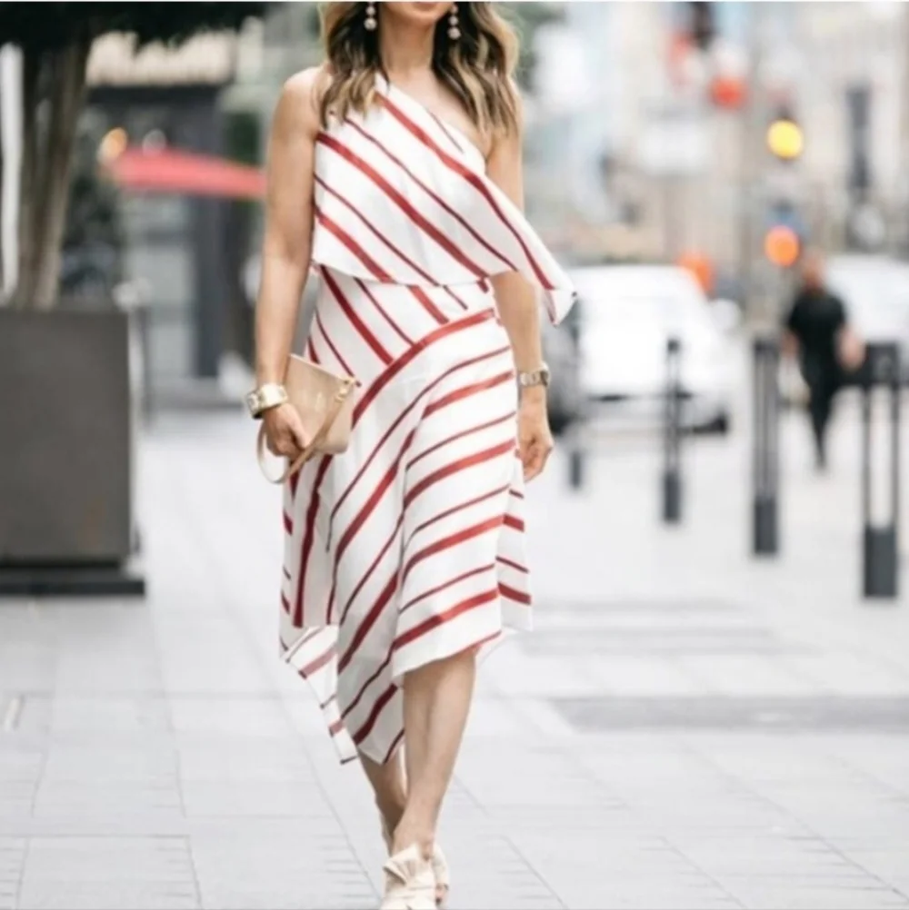 Banana Republic Asymmetrical One Shoulder Layered Striped Dress- Size 8